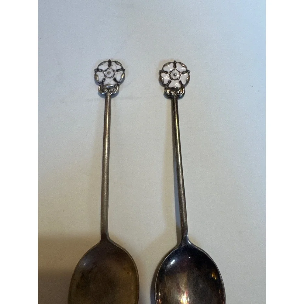 Vintage Exquisite Enamel Rose Silver Tone Souvenir Demitasse Spoons‎ Set of 2